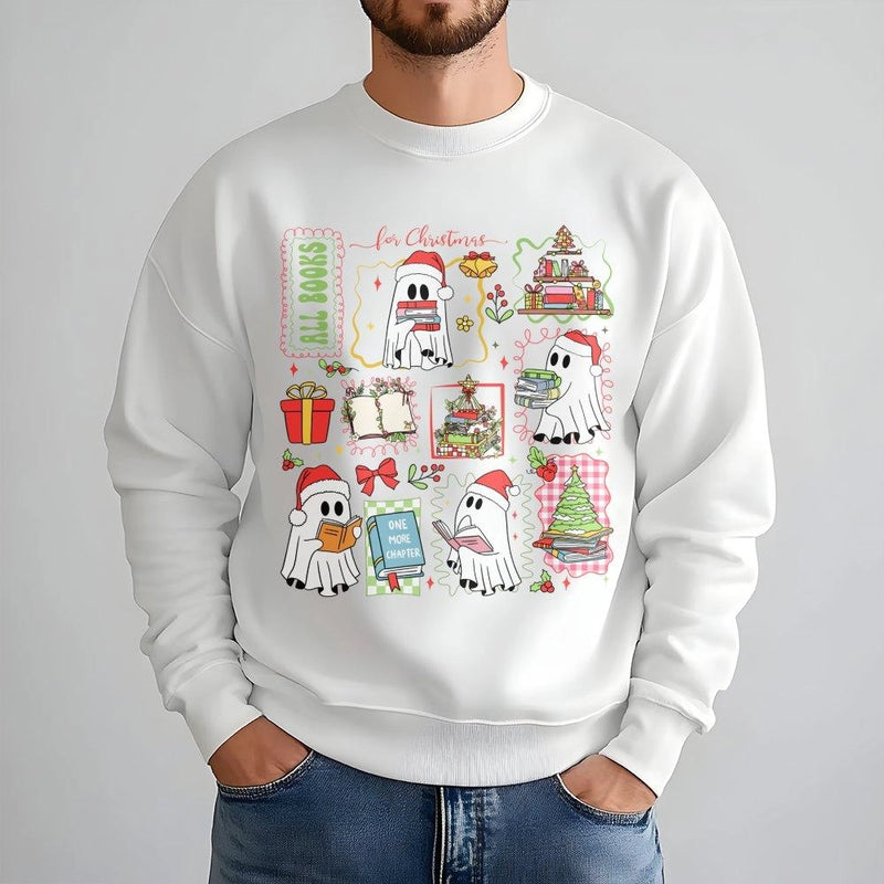 Book Lover Holiday Sweater, Reading Ghost Christmas Sweatshirt, Adorable Spooky Bookish Crewneck, Librarian Xmas Sweatshirt, Reader Present for Her