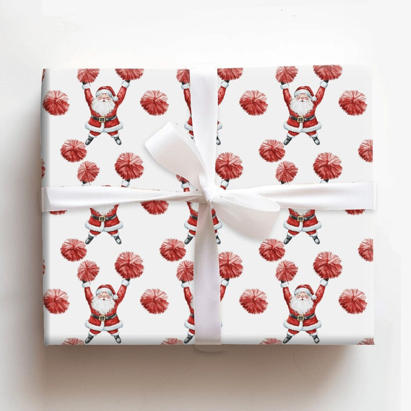 Humorous Santa Claus Gift Wrap, Cheerleader Santa Wrapping Paper, Red Pom Pom Christmas Wrapping Paper, Humorous Holiday Gift Wrapping Paper