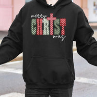 Red Green Checkerboard Faith Sweatshirt, Merry Christ-mas Cross Hoodie, Religious Christmas Tree Pullover, Jesus Holiday Present