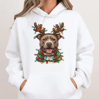 Reindeer Antler Dog Hoodie, Pitbull Christmas Hoodie, Pitbull Holiday Lights Sweatshirt, Festive Dog Mom Pullover, Dog Lover Xmas Present