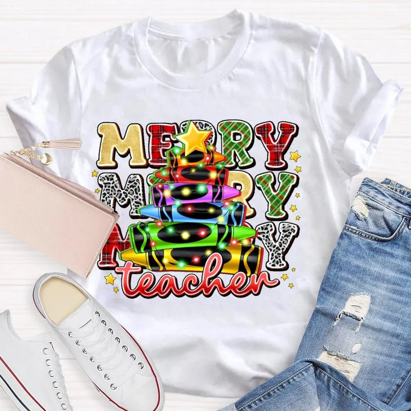 Colored Pencil Tree Holiday Graphic Tee, Christmas Teacher T-Shirt, Festive Teacher Shirt, Winter Break Elementary Educator Apparel