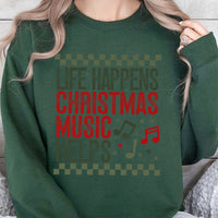 Retro Music Note Holiday Sweatshirt, Life Happens Christmas Music Helps Sweatshirt, Humorous Christmas Music Pullover