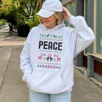 Festive Reindeer Snowflake Hooded Sweatshirt, Peace Ugly Christmas Hoodie, Retro Holiday Pattern Pullover, Matching Couple Xmas Present