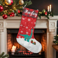 Plaid Cuff Holiday Dino Stocking, Personalized T-Rex Dinosaur Christmas Stocking, Custom Name Kids Xmas Stocking, Festive Family Room Decor