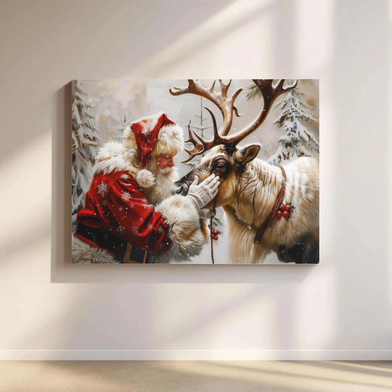 Snowy Winter Forest Canvas, Santa Claus Petting Reindeer Canvas Art, Christmas Holiday Wall Decor, Vintage Santa Canvas Print, Xmas Present