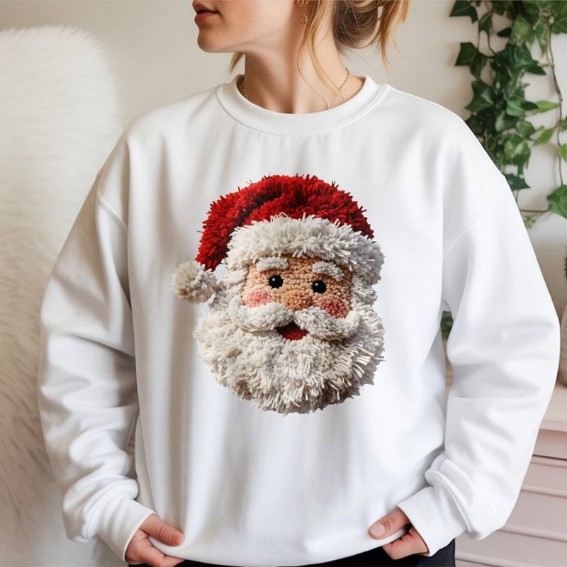 Faux Yarn Santa Sweatshirt, Punch Needle Santa Sweatshirt, Retro Vintage Christmas Sweatshirt, Comfy Holiday Crewneck, Winter Santa Present