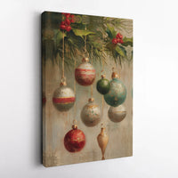 Holiday Baubles Holly Oil Painting Print, Vintage Christmas Ornaments Canvas Wall Art, Festive Winter Wall Decor, Digital Download Poster