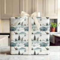 Winter Forest Gift Wrap, Watercolor Moose Wrapping Paper, Snowy Mountain Holiday Wrapping Paper, Rustic Christmas Gift Wrapping Paper