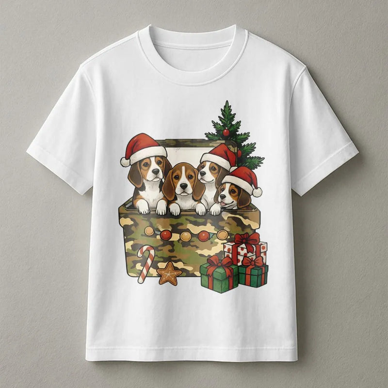 Puppies in Camo Gift Box Shirt, Beagle Christmas T-Shirt, Adorable Dog Lover Graphic Tee, Humorous Holiday Pet T-Shirt, Xmas Dog Lover Present Shirt