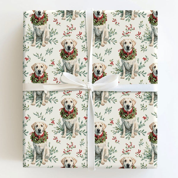 Adorable Dog Holiday Gift Wrap, Yellow Labrador Christmas Wrapping Paper, Labrador Wreath Wrapping Paper, Dog Lover Xmas Gift