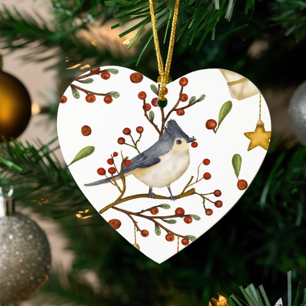 Winter Berries Ceramic Ornament, Watercolor Titmouse Bird Heart Ornament, Nature Lover Christmas Tree Ornament, Holiday Keeps