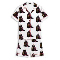 Holiday Cat Satin Pajamas, Christmas Lights Cat Pajama Set, Silky Short Sleeve Sleepwear, Festive Xmas Loungewear PJs Present