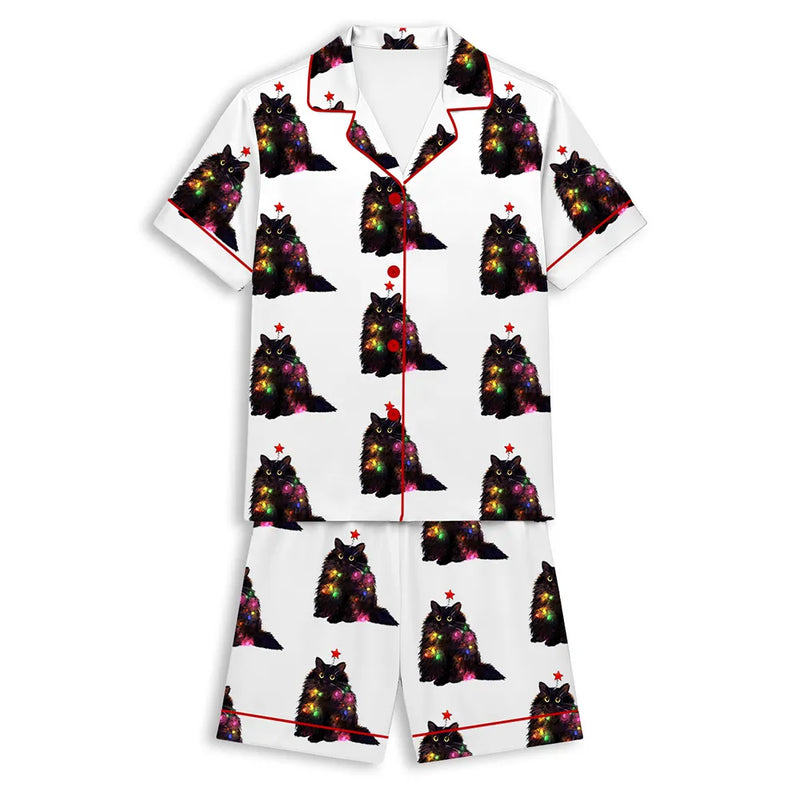 Holiday Cat Satin Pajamas, Christmas Lights Cat Pajama Set, Silky Short Sleeve Sleepwear, Festive Xmas Loungewear PJs Present
