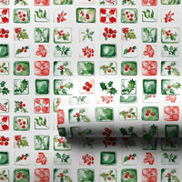 Botanical Grid Christmas Gift Wrap, Watercolor Holly Berry Wrapping Paper, Mistletoe Floral Wrapping Paper, Holiday Present Gift Wrap Roll