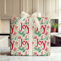 Floral Holiday Wrapping Paper, Joy Poinsettia Christmas Wrapping Paper, Botanical Xmas Gift Wrap Roll, Festive Present Wrapping Paper