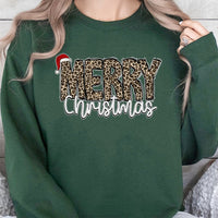 Santa Hat Holiday Sweater, Merry Christmas Leopard Sweatshirt, Leopard Print Xmas Crewneck, Adorable Winter Graphic Pullover