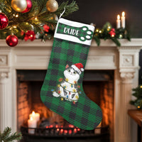 Green Plaid Holiday Pet Stocking, Personalized Cat Christmas Stocking, Velboa Fabric Custom Name Stocking, Cat Lover Xmas Home Decor