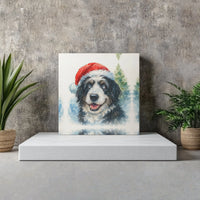 Christmas Puppy Watercolor Print, Santa Hat Dog Canvas Wall Art, Snowy Pine Forest Canvas, Festive Holiday Square Canvas Decor
