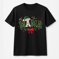 Santa Hat Bow Graphic Tee, Christmas Mama T-Shirt, Adorable Holiday Mom Shirt, Festive Xmas Mommy T-Shirt, Family Winter Apparel Present
