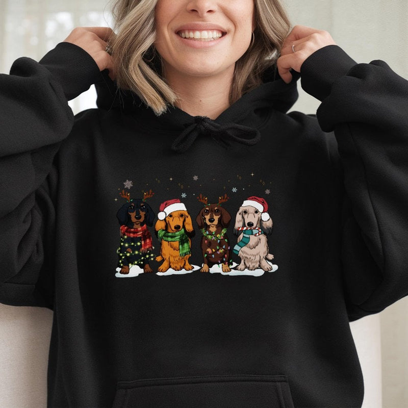 Festive Weiner Dog Holiday Sweatshirt, Dachshund Christmas Hoodie, Adorable Xmas Dog Lover Pullover, Comfy Dachshund Mom Hooded Sweater Present