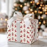 Reindeer Pine Tree Gift Wrap, Scandinavian Christmas Wrapping Paper, Nordic Holiday Wrapping Paper Roll, Red Winter Present Wrap Roll