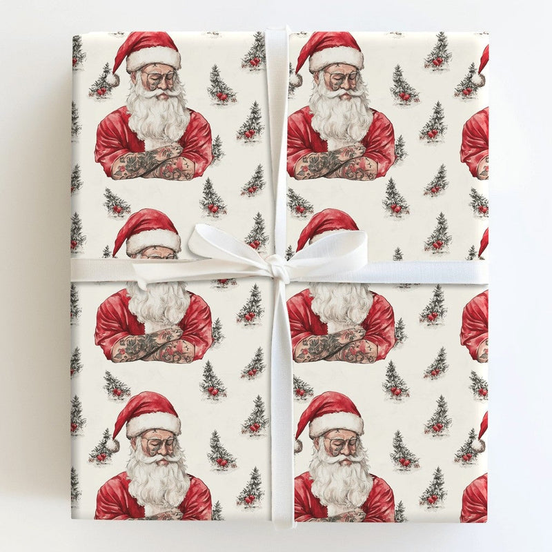 Hipster Santa Christmas Wrapping Paper, Tattooed Santa Wrapping Paper, Alternative Holiday Gift Wrap, Edgy Xmas Gift Wrapping Paper Roll