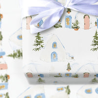 Watercolor Snow House Gift Wrap, Igloo Winter Village Wrapping Paper, Pastel Comfy Holiday Wrapping Paper, Christmas Season Gift Wrap Roll