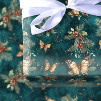 Orange Monarch Botanical Holiday Gift Wrap, Butterfly Holly Christmas Wrapping Paper, Teal Winter Foliage Wrapping Paper, Nature Lover Wrap