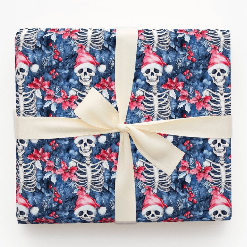 Gothic Christmas Gift Wrap, Skeleton Santa Hat Wrapping Paper, Spooky Poinsettia Holiday Wrapping Paper, Alternative Xmas Gift Wrap Roll