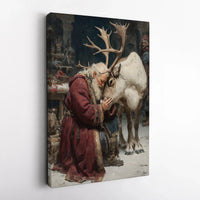 Nostalgic Christmas Oil Painting Canvas Print, Santa Claus and Reindeer Canvas Wall Art, Vintage Holiday Canvas Decor, Santa Christmas Present
