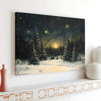 Snowy Night Landscape Glowing Stars Print, Winter Forest Canvas Wall Art, Christmas Pine Tree Decor, Magical Holiday Night Art Canvas
