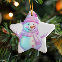 Colorful Winter Ceramic Ornament, Iridescent Snowman Star Ornament, Festive Holiday Star Decor, Whimsical Christmas Tree Keepsake