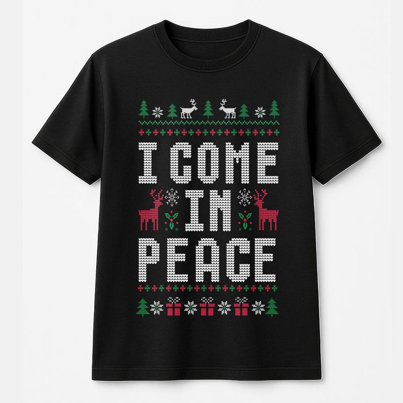 Humorous Reindeer Holiday Shirt, I Come in Peace Christmas T-Shirt, Sarcastic Ugly Xmas Tee, Retro Festive Graphic T-Shirt, Xmas Present