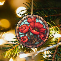 Red Botanical Flower Tree Keepsake, Stained Glass Poppy Ceramic Ornament, Floral Garden Tree Decor, Nature Gardener Christmas Present