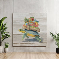 Watercolor Turtle Carrying Presents Print, Christmas Sea Turtle Canvas Wall Art, Coastal Holiday Canvas Decor, Square Canvas Turtle Present