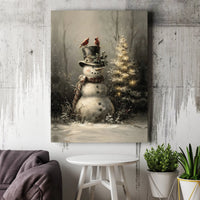Rustic Winter Christmas Tree Canvas Print, Snowman with Cardinals Canvas Wall Art, Festive Holiday Wall Decor, Winter Scene Canvas Art