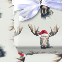 Watercolor Santa Moose Gift Wrap, Moose Christmas Wrapping Paper, Rustic Holiday Wrapping Paper Roll, Winter Wildlife Wrapping Paper