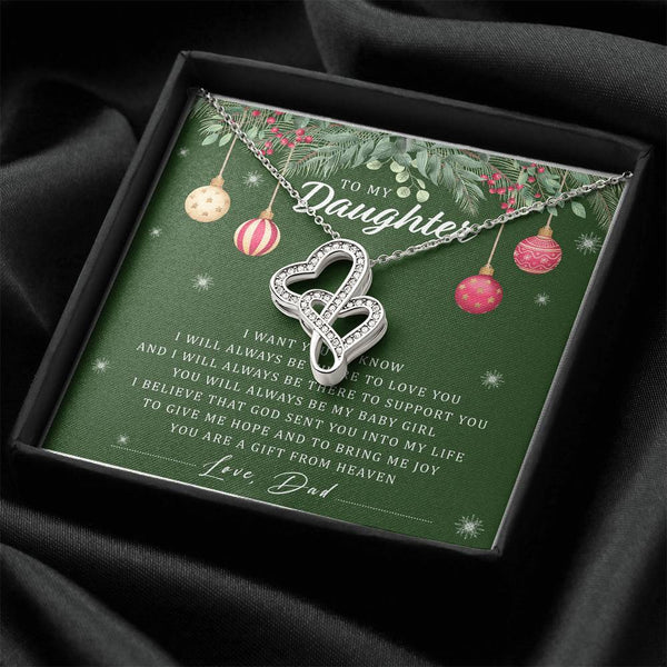 Interlocking Double Hearts Pendant, To My Daughter Necklace, 14K White Gold Stainless Steel Necklace, Christmas Present from 