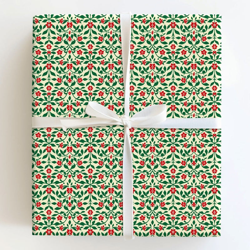 Green Vine Holiday Gift Wrap Roll, Red Floral Damask Christmas Wrapping Paper, Vintage Floral Present Paper, Festive Gift Wrapping Paper