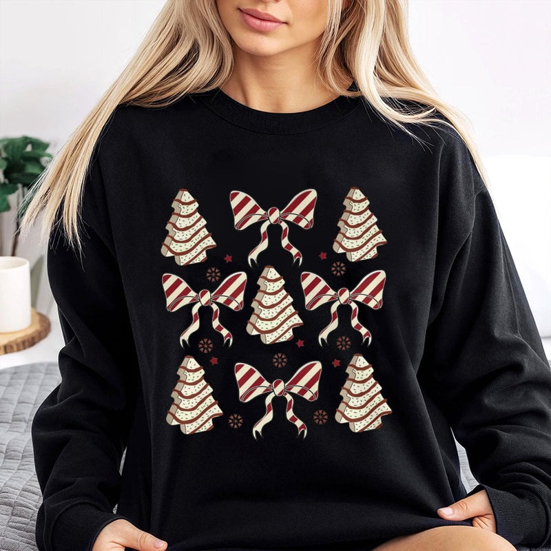 Coquette Aesthetic Bow Holiday Sweater, Christmas Tree Cake Sweatshirt, Adorable Xmas Snack Crewneck, Retro Winter Graphic Pullover