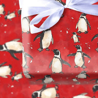 Red Winter Hat Holiday Gift Wrap, Adorable Penguin Christmas Wrapping Paper, Cartoon Penguin Wrapping Paper, Festive Snowflake Gift Wrap Roll