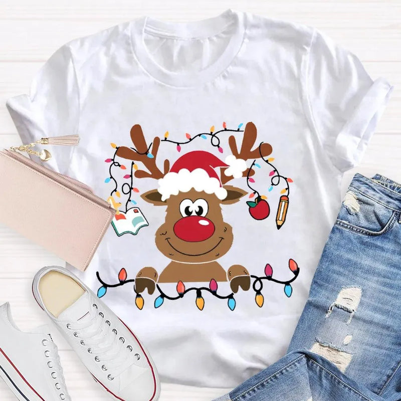 Festive Lights Elk Shirt, Christmas Elk T-Shirt, Holiday Reindeer Tee, Adorable Winter Graphic Tee, Xmas Holiday Apparel Present