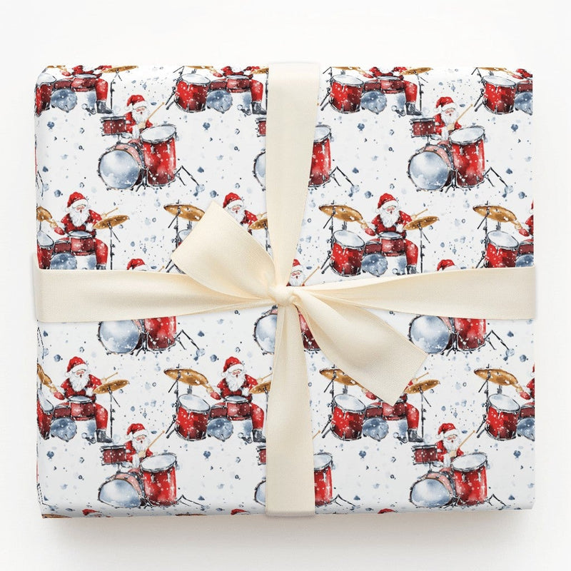 Watercolor Drummer Gift Wrap, Drumming Santa Christmas Wrapping Paper, Rock and Roll Santa Wrapping Paper, Music Lover Holiday Gift Wrap