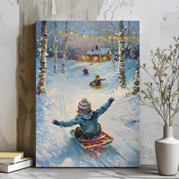 Snowy Birch Forest Landscape Print, Winter Sledding Canvas Wall Art, Holiday Christmas Scene Poster, Festive Digital Download Decor