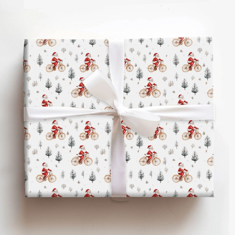 Winter Forest Gift Wrap, Santa on Bicycle Wrapping Paper, Watercolor Christmas Wrapping Paper, Holiday Gift Wrap, Xmas Present Wrap