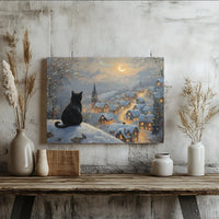 Comfy Christmas Winter Landscape Print, Black Cat Snowy Village Poster, Holiday Black Cat Digital Download, Festive Printable Wall Decor