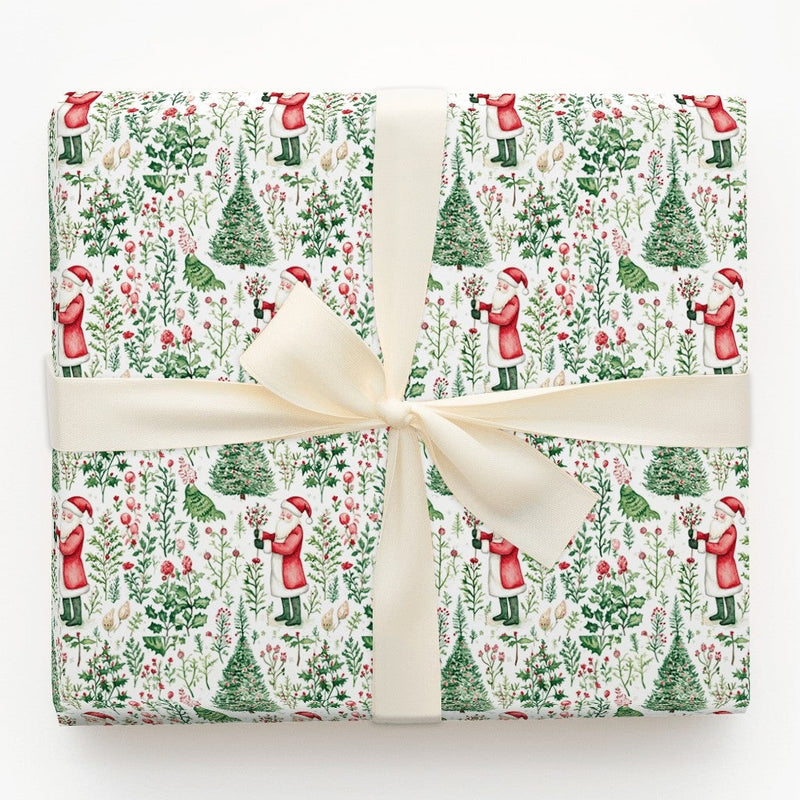 Botanical Christmas Tree Gift Wrap, Watercolor Santa Wrapping Paper, Nostalgic Holiday Santa Wrapping Paper, Vintage Christmas Present Wrap