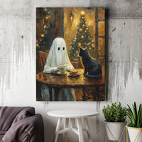 Comfy Holiday Coffee Canvas Print, Ghost and Black Cat Christmas Canvas Art, Adorable Spooky Winter Decor, Whimsical Holiday Art Present