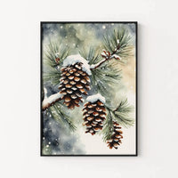 Watercolor Snowy Pine Branch Poster, Winter Pinecone Wall Art, Rustic Holiday Botanical Print, Christmas Evergreen Home Decor