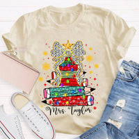 Custom Name Pencil Snowflake Tee, Personalized Teacher Christmas Tree Shirt, Holiday Teacher T-Shirt, Christmas Teacher Present